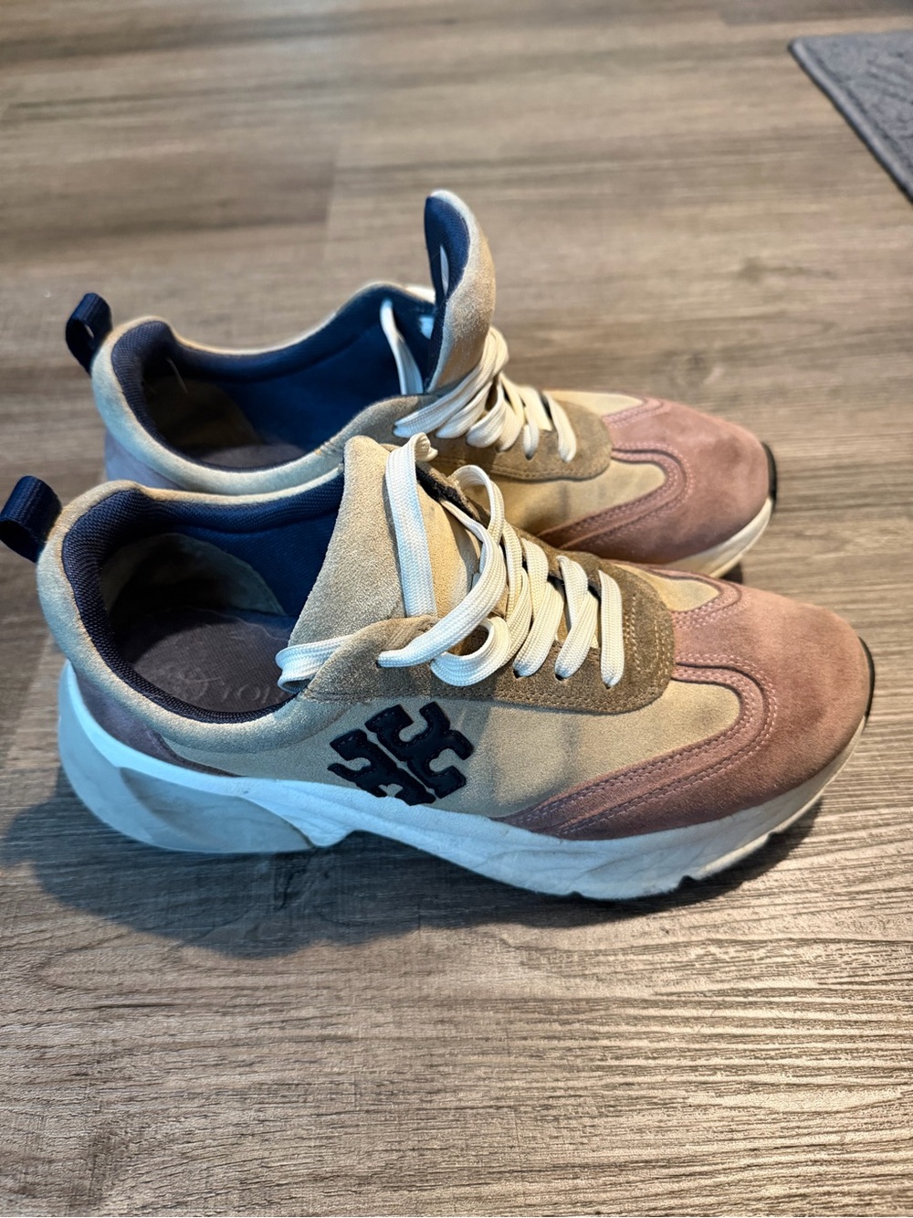 Tory Burch  Suede Sneakers in Pink and Beige with Navy Logo